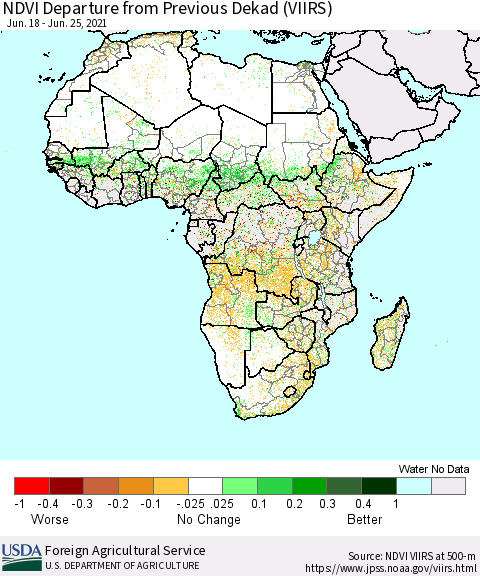 Africa NDVI Departure from Previous Dekad (VIIRS) Thematic Map For 6/21/2021 - 6/30/2021