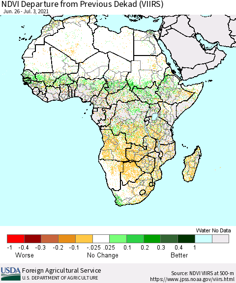 Africa NDVI Departure from Previous Dekad (VIIRS) Thematic Map For 7/1/2021 - 7/10/2021