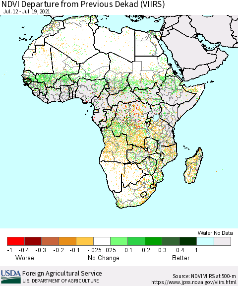 Africa NDVI Departure from Previous Dekad (VIIRS) Thematic Map For 7/11/2021 - 7/20/2021