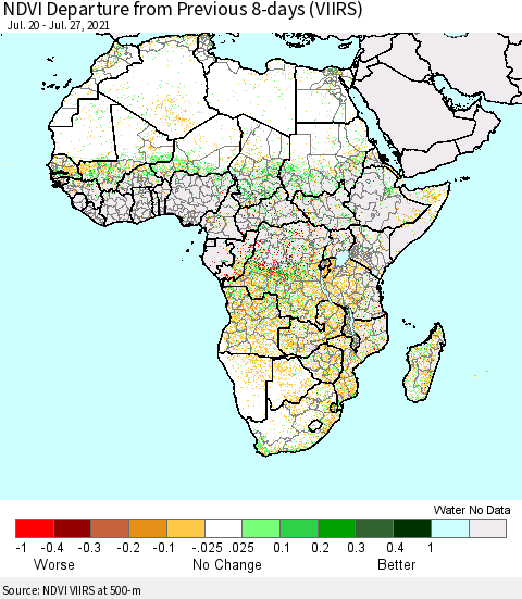Africa NDVI Departure from Previous 8-days (VIIRS) Thematic Map For 7/20/2021 - 7/27/2021
