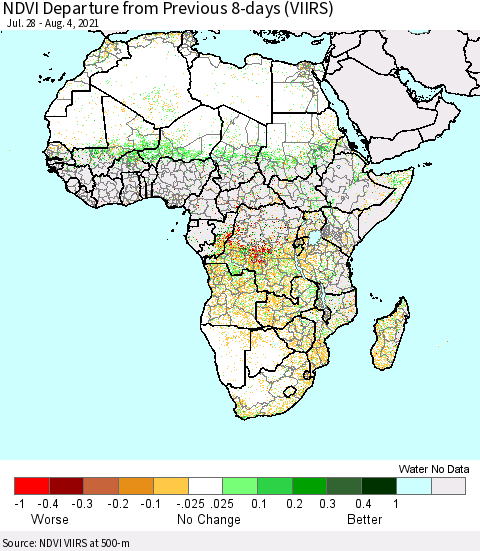 Africa NDVI Departure from Previous 8-days (VIIRS) Thematic Map For 7/28/2021 - 8/4/2021