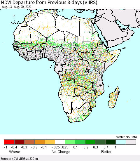 Africa NDVI Departure from Previous Dekad (VIIRS) Thematic Map For 8/11/2021 - 8/20/2021