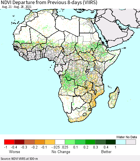 Africa NDVI Departure from Previous 8-days (VIIRS) Thematic Map For 8/21/2021 - 8/28/2021