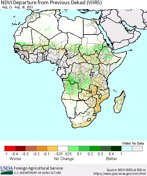 Africa NDVI Departure from Previous Dekad (VIIRS) Thematic Map For 8/21/2021 - 8/31/2021
