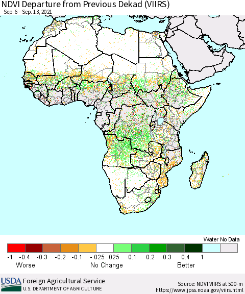 Africa NDVI Departure from Previous Dekad (VIIRS) Thematic Map For 9/11/2021 - 9/20/2021