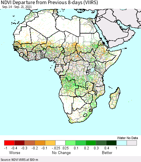 Africa NDVI Departure from Previous 8-days (VIIRS) Thematic Map For 9/14/2021 - 9/21/2021