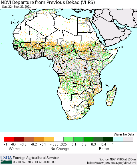 Africa NDVI Departure from Previous Dekad (VIIRS) Thematic Map For 9/21/2021 - 9/30/2021