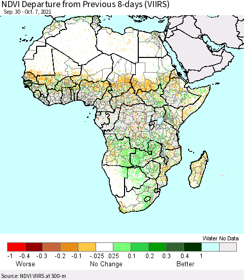Africa NDVI Departure from Previous 8-days (VIIRS) Thematic Map For 9/30/2021 - 10/7/2021