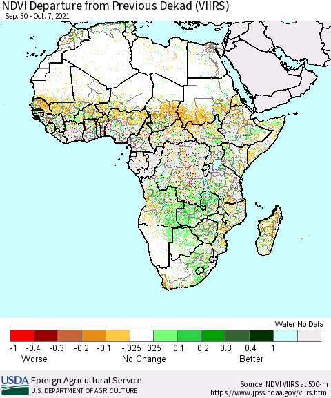 Africa NDVI Departure from Previous Dekad (VIIRS) Thematic Map For 10/1/2021 - 10/10/2021