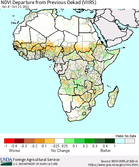 Africa NDVI Departure from Previous Dekad (VIIRS) Thematic Map For 10/11/2021 - 10/20/2021