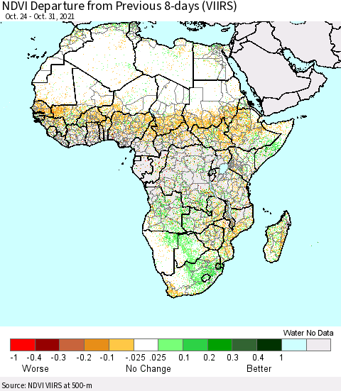 Africa NDVI Departure from Previous 8-days (VIIRS) Thematic Map For 10/24/2021 - 10/31/2021