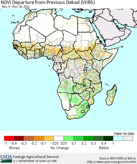 Africa NDVI Departure from Previous Dekad (VIIRS) Thematic Map For 11/11/2021 - 11/20/2021