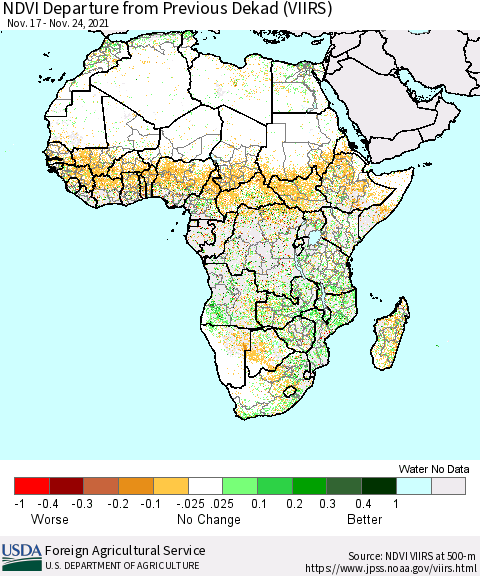 Africa NDVI Departure from Previous Dekad (VIIRS) Thematic Map For 11/21/2021 - 11/30/2021