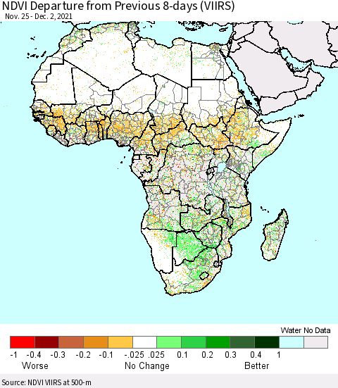 Africa NDVI Departure from Previous 8-days (VIIRS) Thematic Map For 11/25/2021 - 12/2/2021