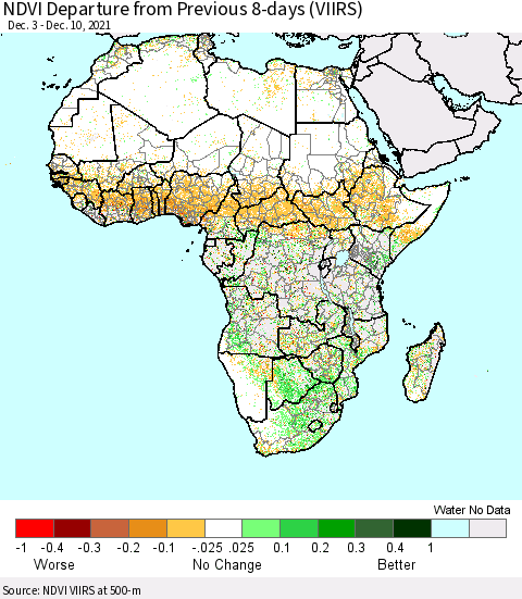 Africa NDVI Departure from Previous 8-days (VIIRS) Thematic Map For 12/3/2021 - 12/10/2021