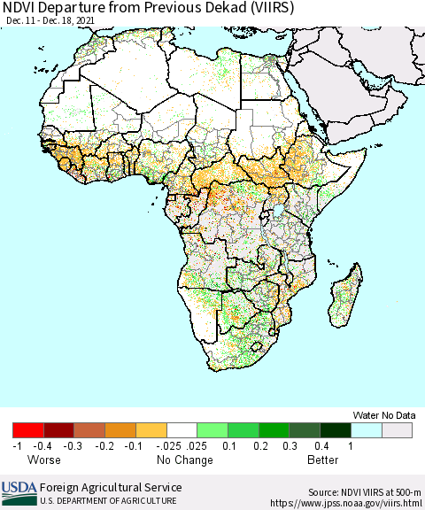 Africa NDVI Departure from Previous Dekad (VIIRS) Thematic Map For 12/11/2021 - 12/20/2021