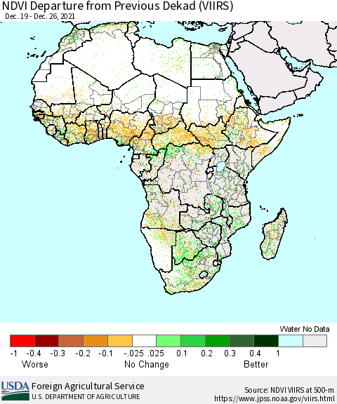 Africa NDVI Departure from Previous Dekad (VIIRS) Thematic Map For 12/21/2021 - 12/31/2021