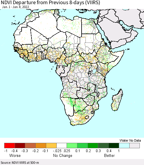 Africa NDVI Departure from Previous 8-days (VIIRS) Thematic Map For 1/1/2022 - 1/8/2022