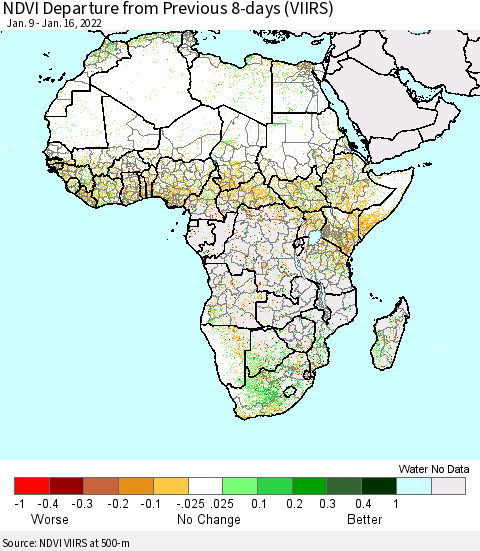 Africa NDVI Departure from Previous 8-days (VIIRS) Thematic Map For 1/9/2022 - 1/16/2022