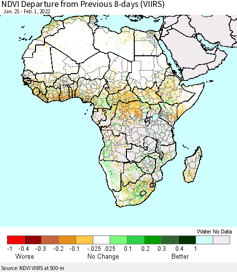 Africa NDVI Departure from Previous 8-days (VIIRS) Thematic Map For 1/25/2022 - 2/1/2022