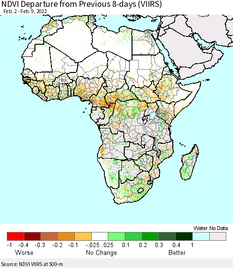 Africa NDVI Departure from Previous 8-days (VIIRS) Thematic Map For 2/2/2022 - 2/9/2022