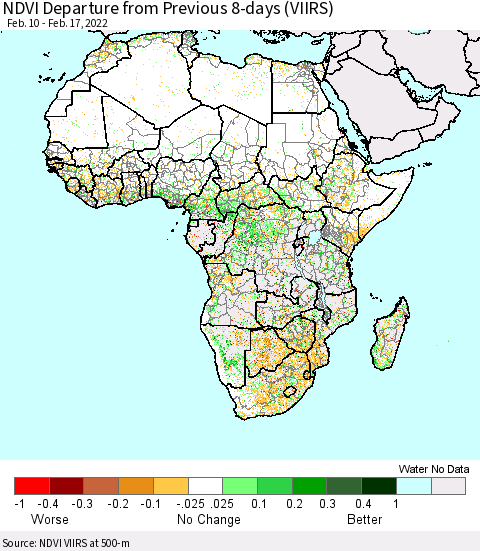 Africa NDVI Departure from Previous 8-days (VIIRS) Thematic Map For 2/10/2022 - 2/17/2022