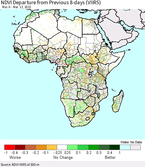 Africa NDVI Departure from Previous 8-days (VIIRS) Thematic Map For 3/6/2022 - 3/13/2022