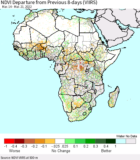 Africa NDVI Departure from Previous 8-days (VIIRS) Thematic Map For 3/14/2022 - 3/21/2022