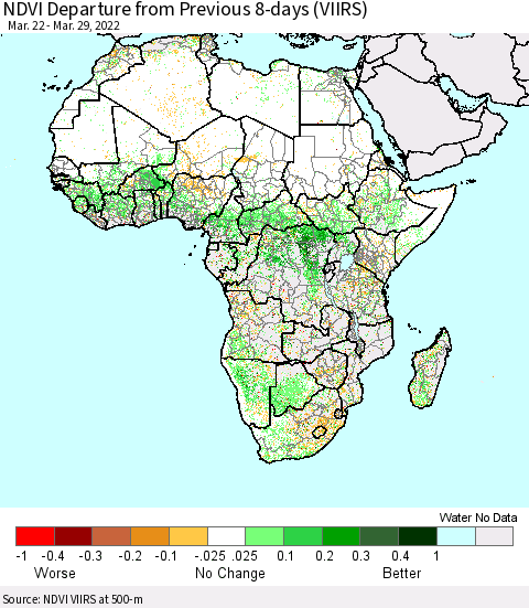 Africa NDVI Departure from Previous 8-days (VIIRS) Thematic Map For 3/22/2022 - 3/29/2022