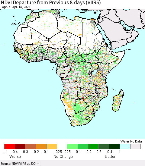 Africa NDVI Departure from Previous 8-days (VIIRS) Thematic Map For 4/7/2022 - 4/14/2022