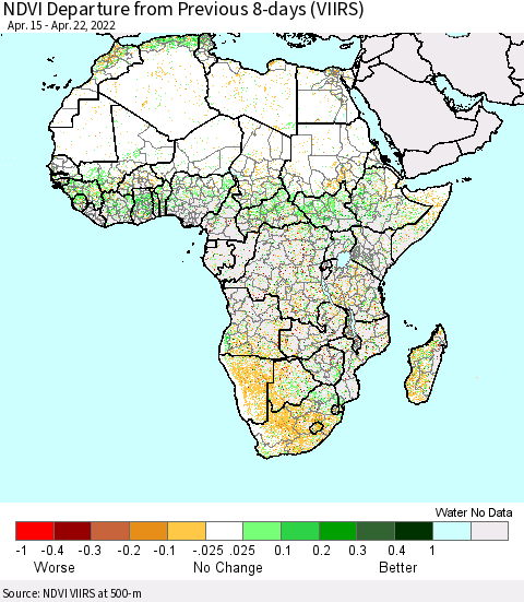 Africa NDVI Departure from Previous 8-days (VIIRS) Thematic Map For 4/15/2022 - 4/22/2022
