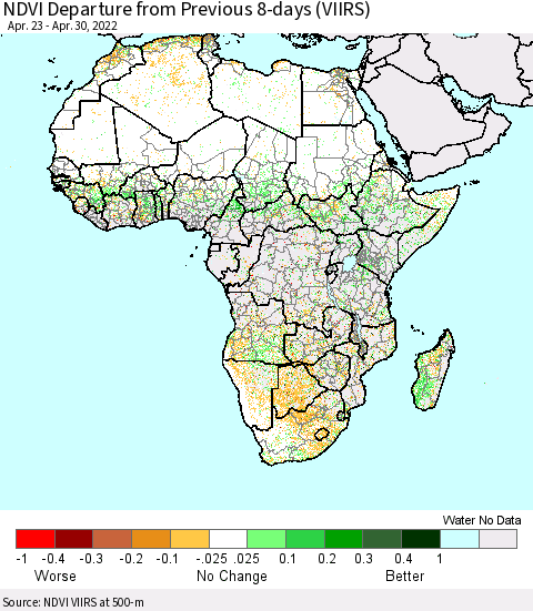 Africa NDVI Departure from Previous 8-days (VIIRS) Thematic Map For 4/23/2022 - 4/30/2022