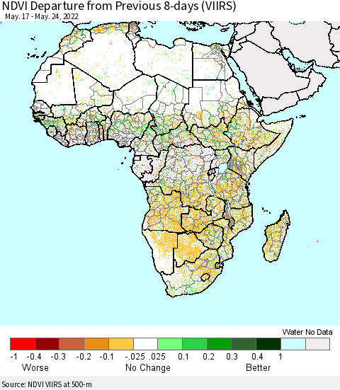 Africa NDVI Departure from Previous 8-days (VIIRS) Thematic Map For 5/17/2022 - 5/24/2022
