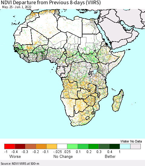 Africa NDVI Departure from Previous 8-days (VIIRS) Thematic Map For 5/25/2022 - 6/1/2022