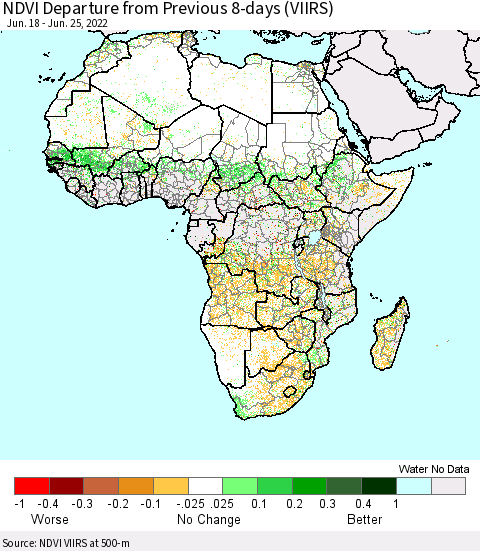 Africa NDVI Departure from Previous 8-days (VIIRS) Thematic Map For 6/18/2022 - 6/25/2022