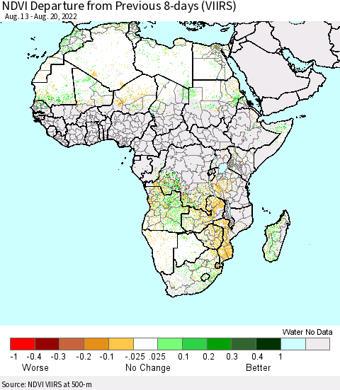 Africa NDVI Departure from Previous 8-days (VIIRS) Thematic Map For 8/13/2022 - 8/20/2022