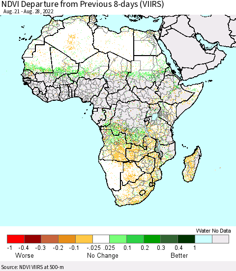 Africa NDVI Departure from Previous 8-days (VIIRS) Thematic Map For 8/21/2022 - 8/28/2022
