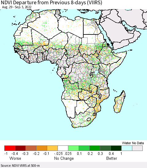 Africa NDVI Departure from Previous 8-days (VIIRS) Thematic Map For 8/29/2022 - 9/5/2022