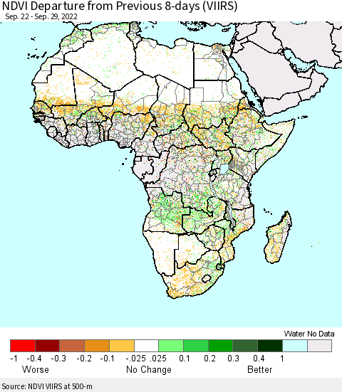 Africa NDVI Departure from Previous 8-days (VIIRS) Thematic Map For 9/22/2022 - 9/29/2022