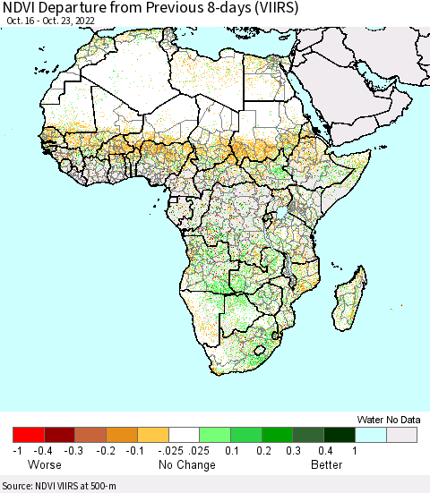 Africa NDVI Departure from Previous 8-days (VIIRS) Thematic Map For 10/16/2022 - 10/23/2022