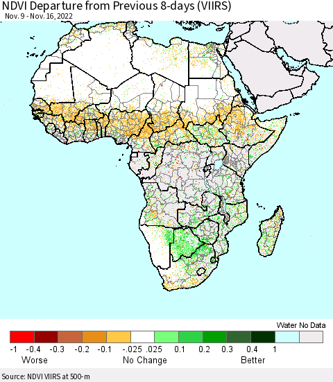 Africa NDVI Departure from Previous 8-days (VIIRS) Thematic Map For 11/9/2022 - 11/16/2022