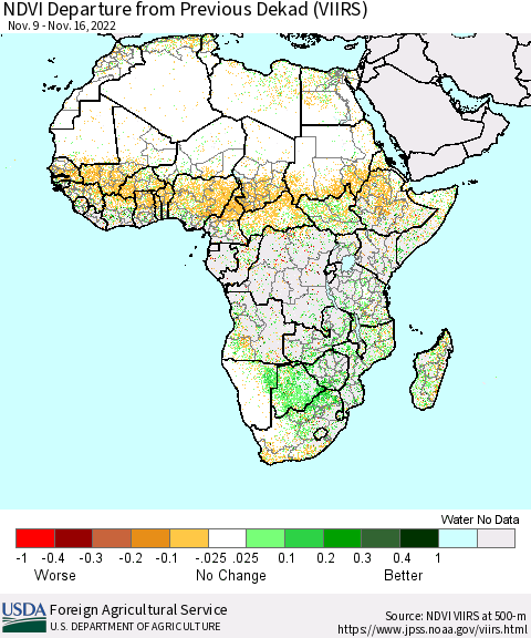 Africa NDVI Departure from Previous Dekad (VIIRS) Thematic Map For 11/11/2022 - 11/20/2022