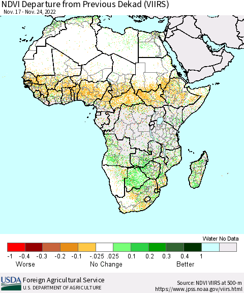 Africa NDVI Departure from Previous Dekad (VIIRS) Thematic Map For 11/21/2022 - 11/30/2022