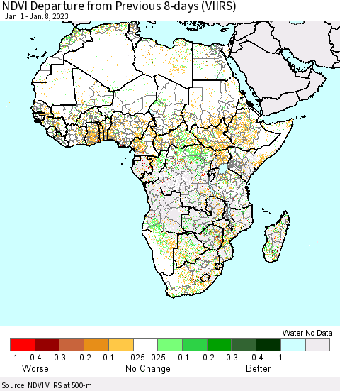 Africa NDVI Departure from Previous 8-days (VIIRS) Thematic Map For 1/1/2023 - 1/8/2023