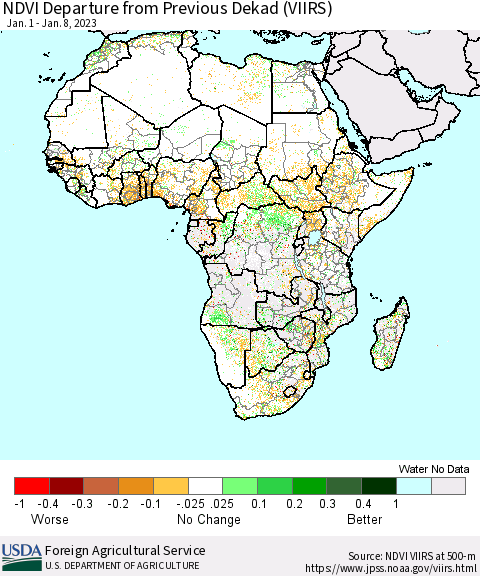 Africa NDVI Departure from Previous Dekad (VIIRS) Thematic Map For 1/1/2023 - 1/10/2023