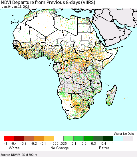Africa NDVI Departure from Previous 8-days (VIIRS) Thematic Map For 1/9/2023 - 1/16/2023