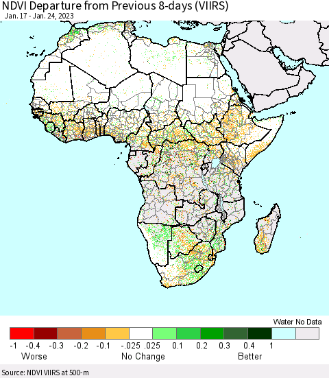 Africa NDVI Departure from Previous 8-days (VIIRS) Thematic Map For 1/17/2023 - 1/24/2023