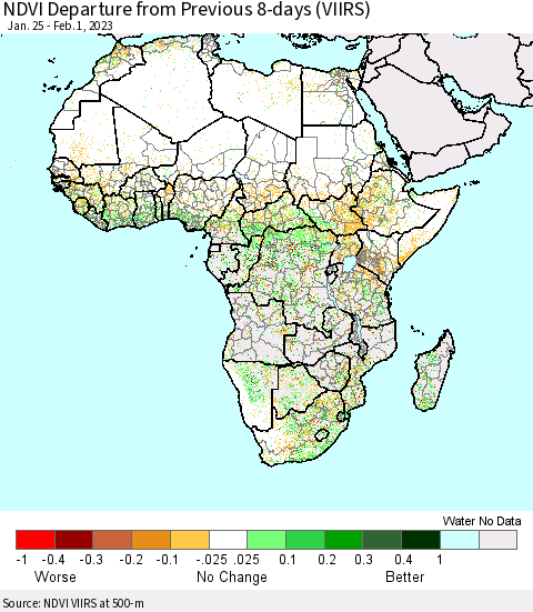 Africa NDVI Departure from Previous 8-days (VIIRS) Thematic Map For 1/25/2023 - 2/1/2023