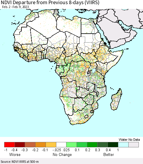 Africa NDVI Departure from Previous 8-days (VIIRS) Thematic Map For 2/2/2023 - 2/9/2023