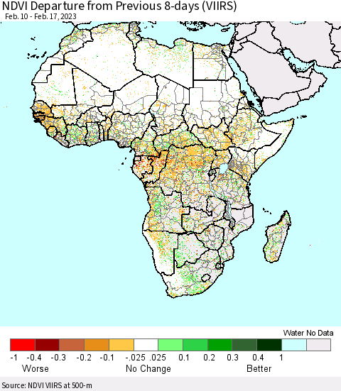 Africa NDVI Departure from Previous 8-days (VIIRS) Thematic Map For 2/10/2023 - 2/17/2023